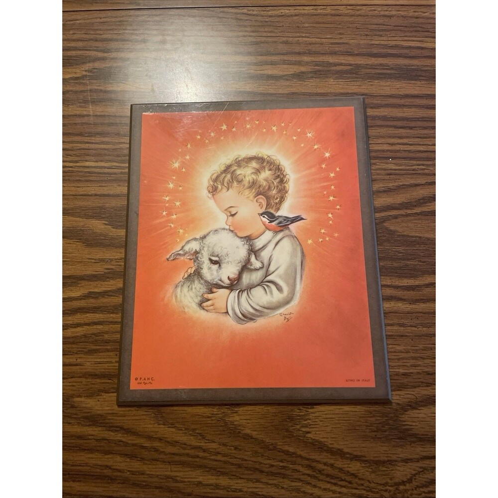 Charlot Byl Art Child W/Lamb & Bird Litho Print Lacquer Plaque 1958 Italy